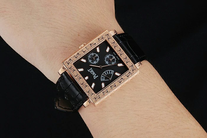 Piaget Emperador Limited Edition Black Dial Engraved Gold Case Black Leather Bracelet new125134