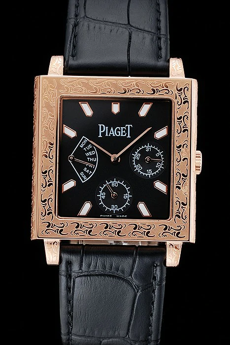 Piaget Emperador Limited Edition Black Dial Engraved Gold Case Black Leather Bracelet new125134