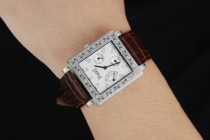 Piaget Emperador Limited Edition White Dial Engraved Silver Case Brown Leather Bracelet new125135