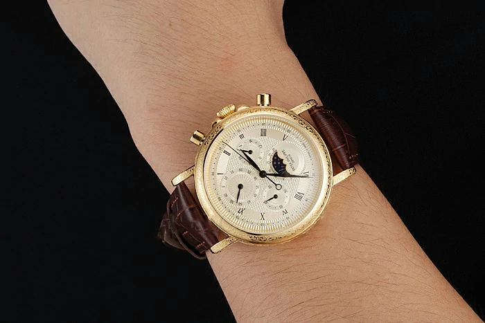 Patek Philippe Grand Complications Gold Dial Engraved Gold Case Brown Leather Bracelet new125138