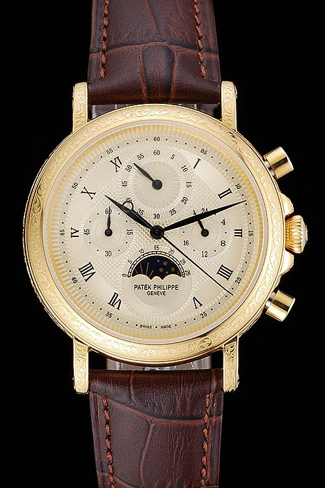 Patek Philippe Grand Complications Gold Dial Engraved Gold Case Brown Leather Bracelet new125138