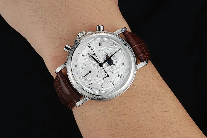 Patek Philippe Grand Complications White Dial Engraved Silver Case Brown Leather Bracelet new125140