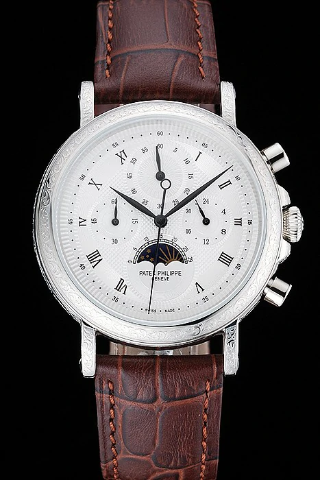 Patek Philippe Grand Complications White Dial Engraved Silver Case Brown Leather Bracelet new125140