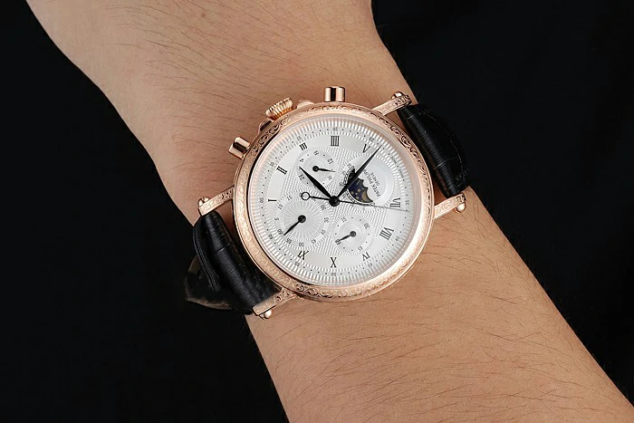 Patek Philippe Grand Complications White Dial Engraved Rose Gold Case Black Leather Bracelet new125141