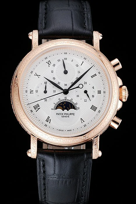 Patek Philippe Grand Complications White Dial Engraved Rose Gold Case Black Leather Bracelet new125141
