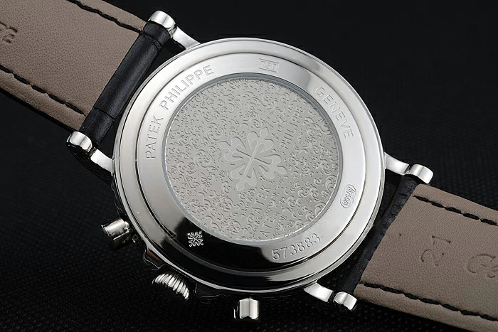 Patek Philippe Grand Complications Black Dial Engraved Silver Case Black Leather Bracelet new125142