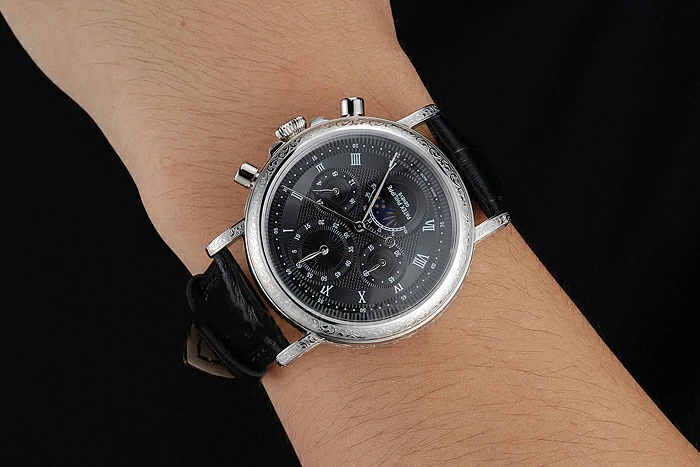 Patek Philippe Grand Complications Black Dial Engraved Silver Case Black Leather Bracelet new125142