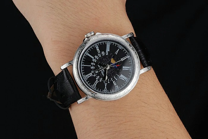 Patek Philippe Perpetual Calendar Retrograde Date Black Dial Engraved Silver Case Black Leather Bracelet new125143