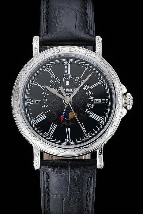 Patek Philippe Perpetual Calendar Retrograde Date Black Dial Engraved Silver Case Black Leather Bracelet new125143