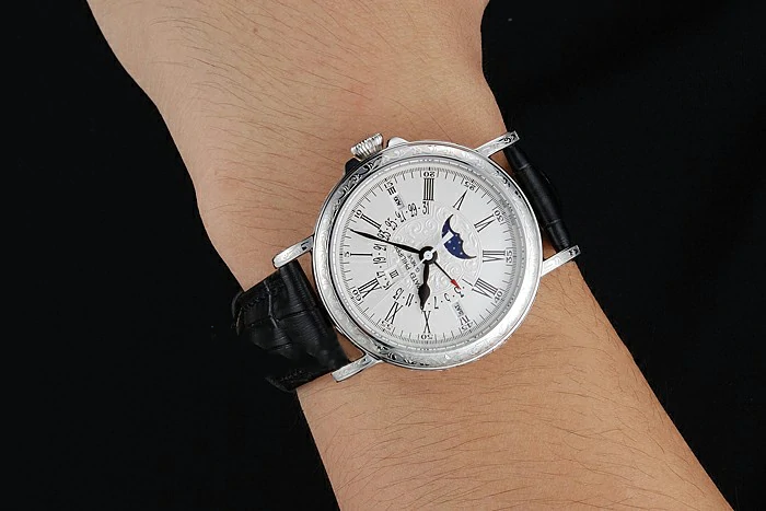 Patek Philippe Perpetual Calendar Retrograde Date White Dial Engraved Silver Case Black Leather Bracelet new125144