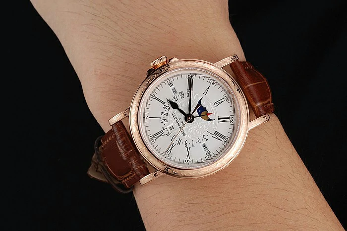 Patek Philippe Perpetual Calendar Retrograde Date White Dial Engraved Rose Gold Case Brown Leather Bracelet new125145
