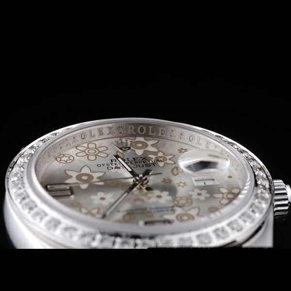 Rolex Datejust Polished Stainless Steel Silver Flowers Dial Diamond Plated new58019