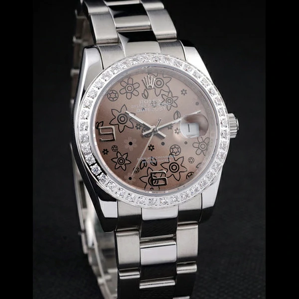 Rolex Datejust Polished Stainless Steel Brown Flowers Dial Diamond Plated new58020
