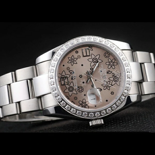 Rolex Datejust Polished Stainless Steel Brown Flowers Dial Diamond Plated new58020
