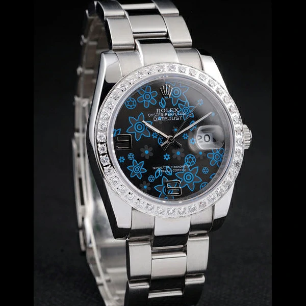 Rolex Datejust Polished Stainless Steel Dark Blue Flowers Dial Diamond Plated new58022