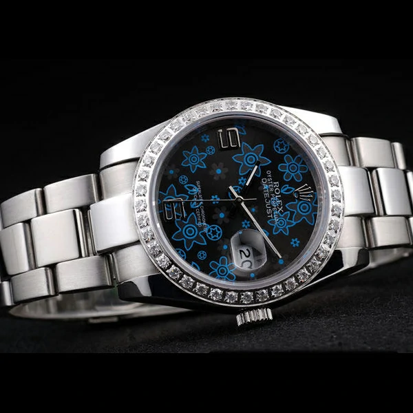 Rolex Datejust Polished Stainless Steel Dark Blue Flowers Dial Diamond Plated new58022