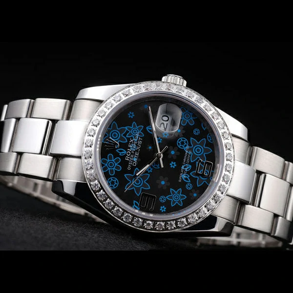 Rolex Datejust Polished Stainless Steel Dark Blue Flowers Dial Diamond Plated new58022
