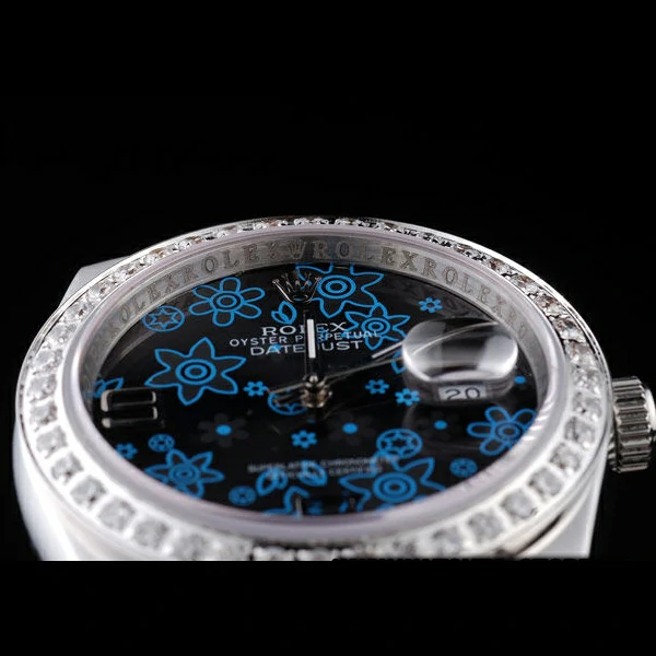 Rolex Datejust Polished Stainless Steel Dark Blue Flowers Dial Diamond Plated new58022
