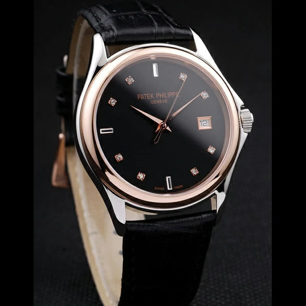 Patek Philippe Geneve Calatrava Crystal Studded Hour Marker Black Dial Black Leather Strap new58228