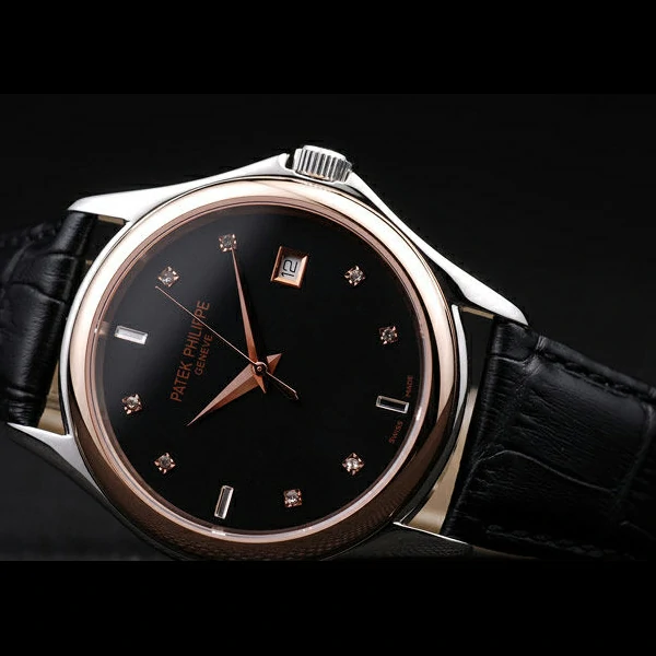 Patek Philippe Geneve Calatrava Crystal Studded Hour Marker Black Dial Black Leather Strap new58228