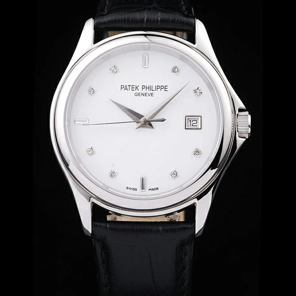 Patek Philippe Geneve Calatrava Crystal Studded Hour Marker White Dial Black Leather Strap new58230