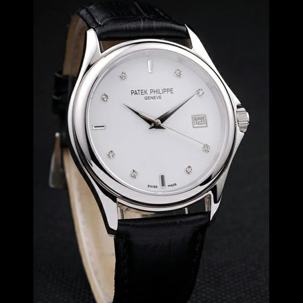 Patek Philippe Geneve Calatrava Crystal Studded Hour Marker White Dial Black Leather Strap new58230