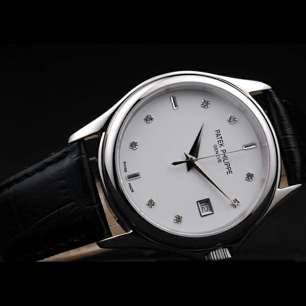 Patek Philippe Geneve Calatrava Crystal Studded Hour Marker White Dial Black Leather Strap new58230
