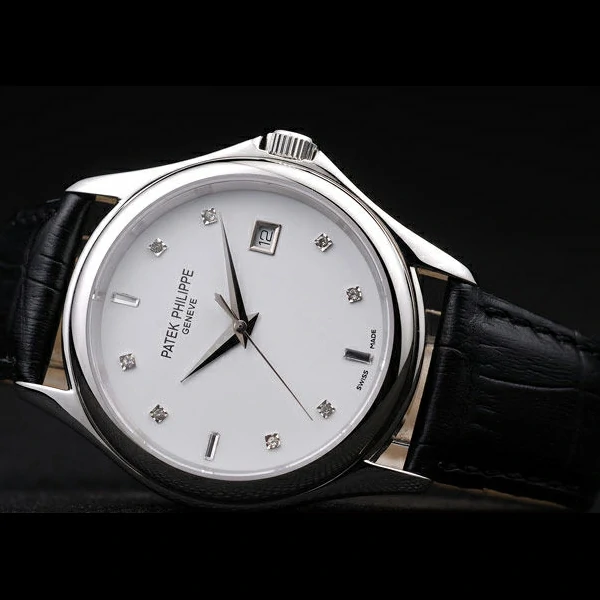 Patek Philippe Geneve Calatrava Crystal Studded Hour Marker White Dial Black Leather Strap new58230