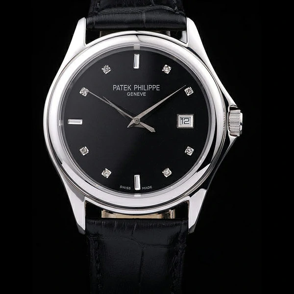 Patek Philippe Geneve Calatrava Crystal Studded Hour Marker Black Dial Black Leather Strap new58231
