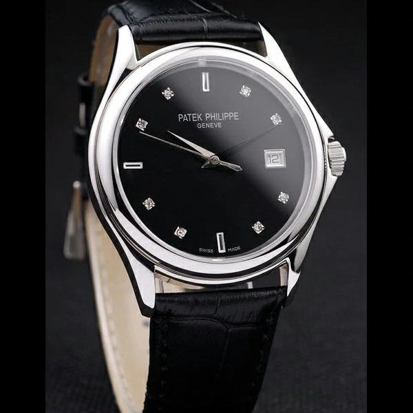 Patek Philippe Geneve Calatrava Crystal Studded Hour Marker Black Dial Black Leather Strap new58231