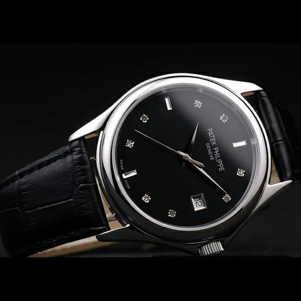 Patek Philippe Geneve Calatrava Crystal Studded Hour Marker Black Dial Black Leather Strap new58231