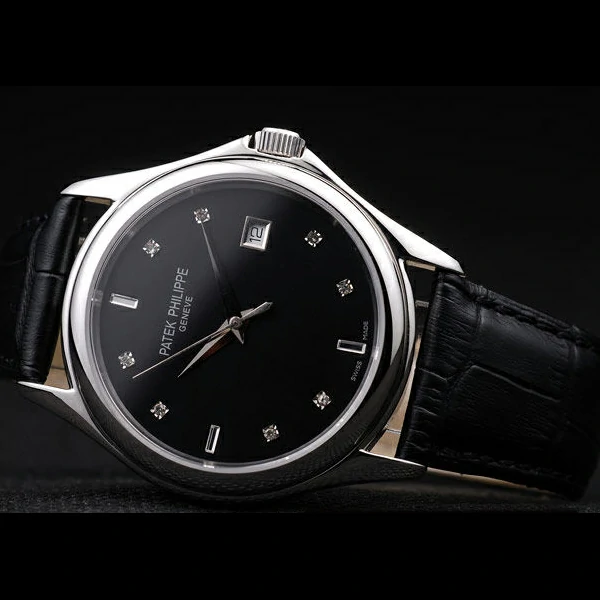 Patek Philippe Geneve Calatrava Crystal Studded Hour Marker Black Dial Black Leather Strap new58231