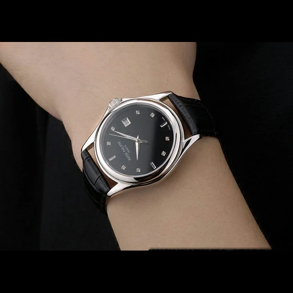 Patek Philippe Geneve Calatrava Crystal Studded Hour Marker Black Dial Black Leather Strap new58231