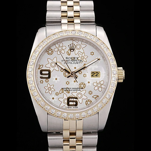 Rolex DateJust Brushed Stainless Steel Case Silver Flowers Dial Diamonds Plated new58679