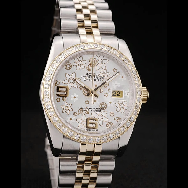 Rolex DateJust Brushed Stainless Steel Case Silver Flowers Dial Diamonds Plated new58679