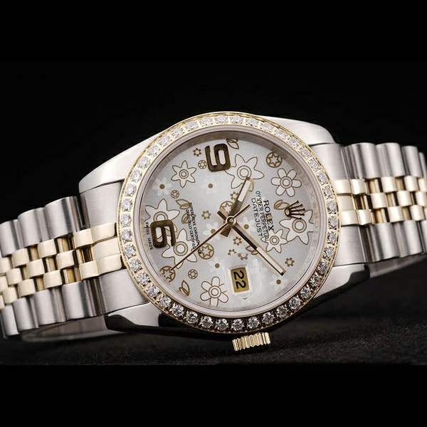 Rolex DateJust Brushed Stainless Steel Case Silver Flowers Dial Diamonds Plated new58679