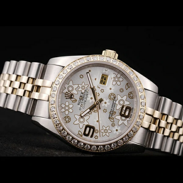 Rolex DateJust Brushed Stainless Steel Case Silver Flowers Dial Diamonds Plated new58679