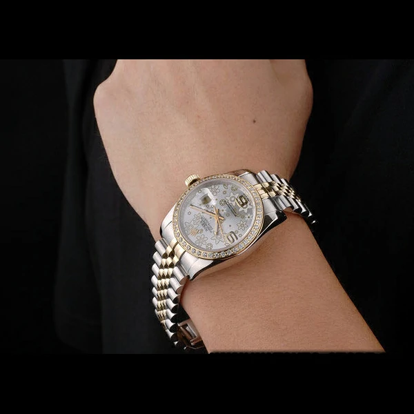 Rolex DateJust Brushed Stainless Steel Case Silver Flowers Dial Diamonds Plated new58679