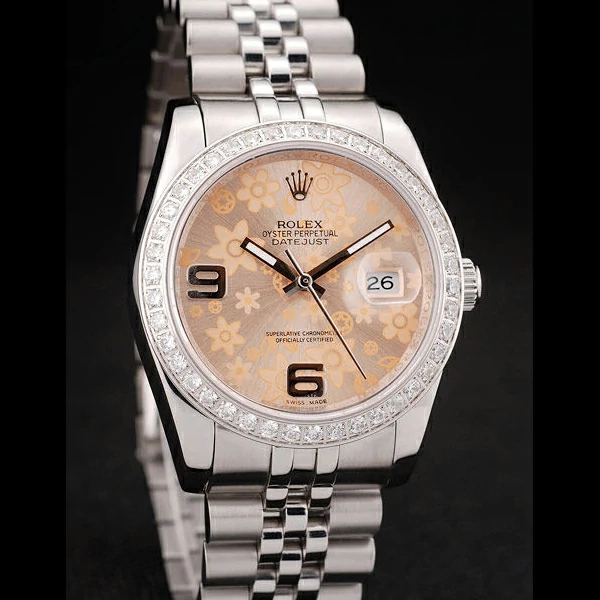 Rolex DateJust Brushed Stainless Steel Case Orange Flowers Dial Diamonds Plated new58680