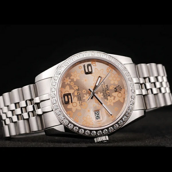 Rolex DateJust Brushed Stainless Steel Case Orange Flowers Dial Diamonds Plated new58680
