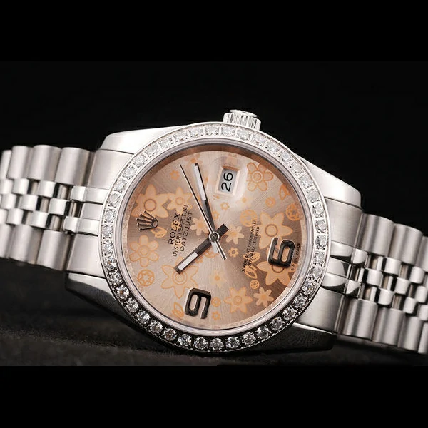 Rolex DateJust Brushed Stainless Steel Case Orange Flowers Dial Diamonds Plated new58680