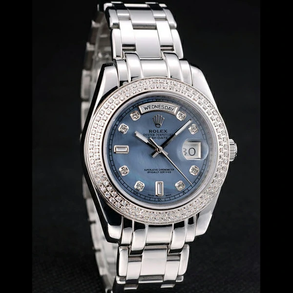 Rolex DayDate Diamond Plated Stainless Steel Bezel Blue Dial new58934