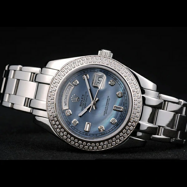 Rolex DayDate Diamond Plated Stainless Steel Bezel Blue Dial new58934