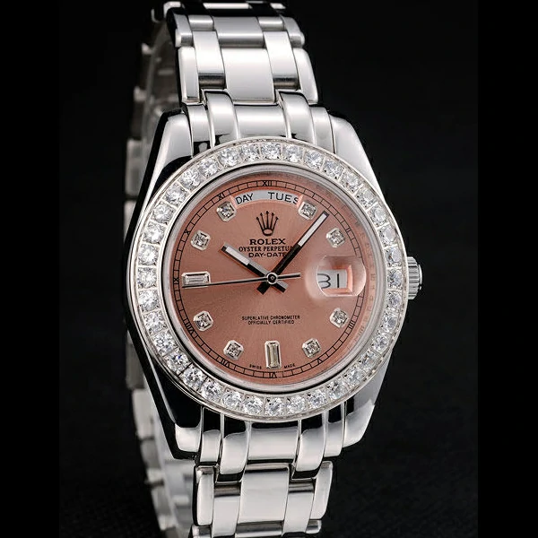 Rolex DayDate Diamond Plated Stainless Steel Bezel Rose Dial new58935