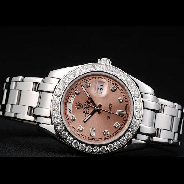 Rolex DayDate Diamond Plated Stainless Steel Bezel Rose Dial new58935