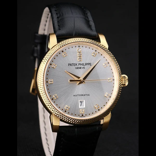 Patek Philippe Calatrava Ribbed Bezel Grey Dial Black Leather Strap new59005
