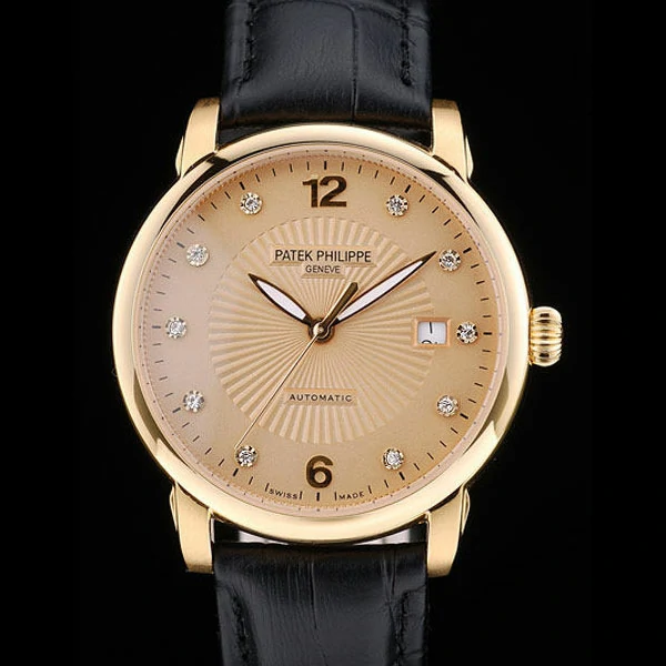 Patek Philippe Calatrava Polished Bezel Orange Dial Black Leather Strap new59008