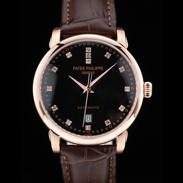 Patek Philippe Calatrava Polished Bezel Black Dial Brown Leather Strap new59013