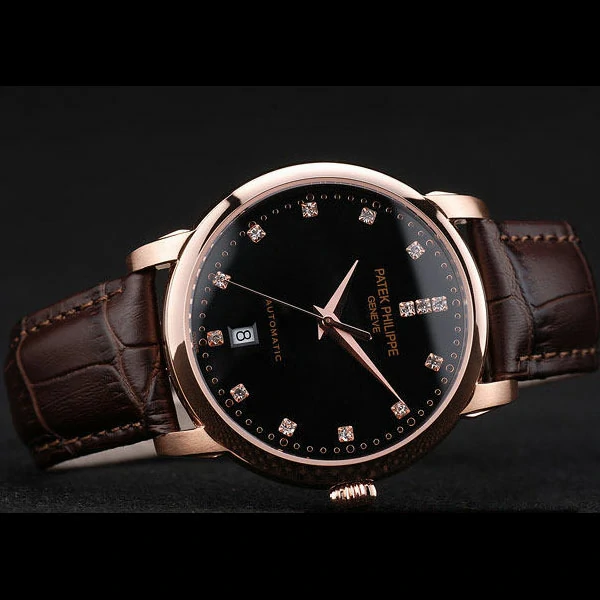 Patek Philippe Calatrava Polished Bezel Black Dial Brown Leather Strap new59013