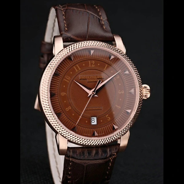 Patek Philippe Calatrava Ribbed Bezel Brown Dial Brown Leather Strap new59017